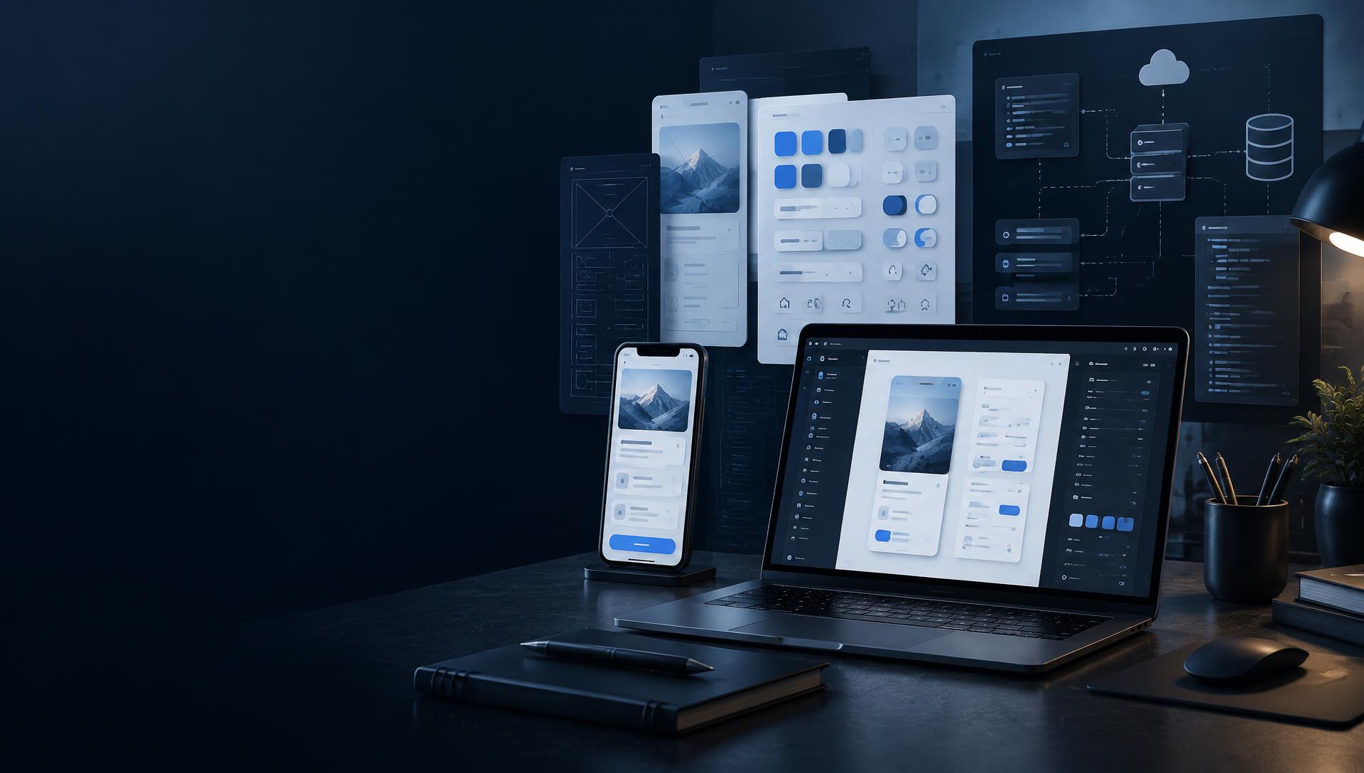 Digital product design workspace with connected interface concepts