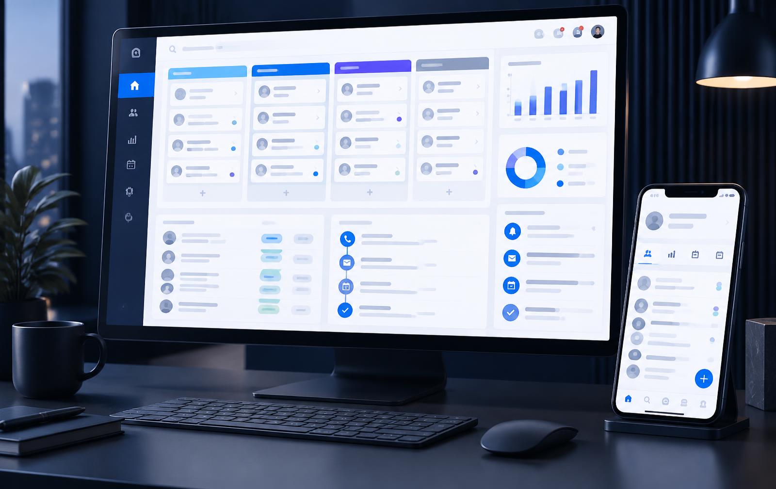 Concept dashboard and mobile screens for an enterprise CRM platform